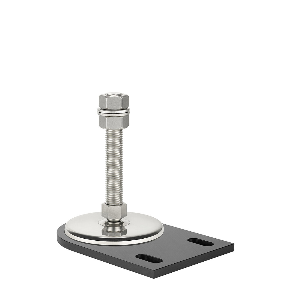 a black floor-fastening plate with elongated holes for ground dovels, made of precision-milled composite material, with a shiny stainless steel levelling element fitted in, isolated on white background