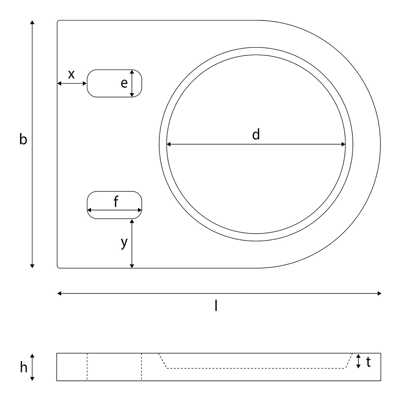 a schematic drawing of a floor-fixture plate for levelling elements, made of precision-milled composite material, with elongated holes for floor-anchoring, in the side view and flat-lay view from above, on white background