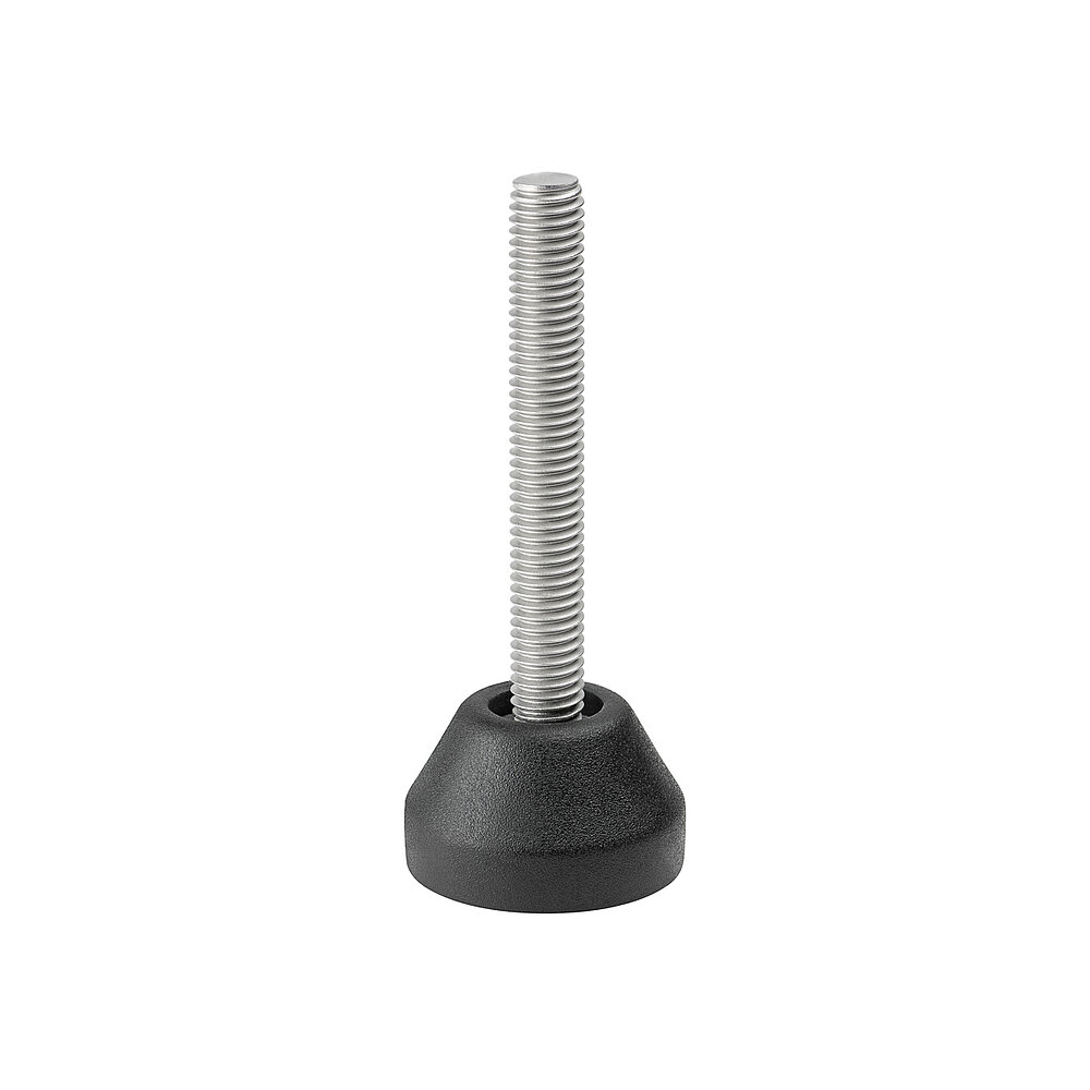a round screw-in action levelling foot for machinery and appliances, made of black thermoplast elastomer, with a diameter of 30 mm and a tightly plastic-injection-moulded, stainless steel levelling screw M8x57mm, in the view from askew and from above, isolated on white background
