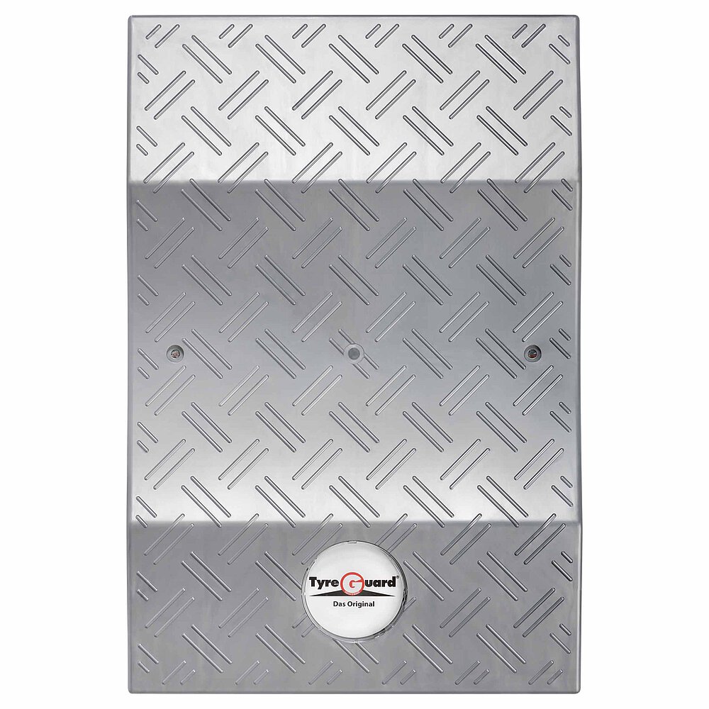 a silver-coloured tyre protector of the TyreGuard® brand, made of high-strength plastics, in upright view, isolated on white background