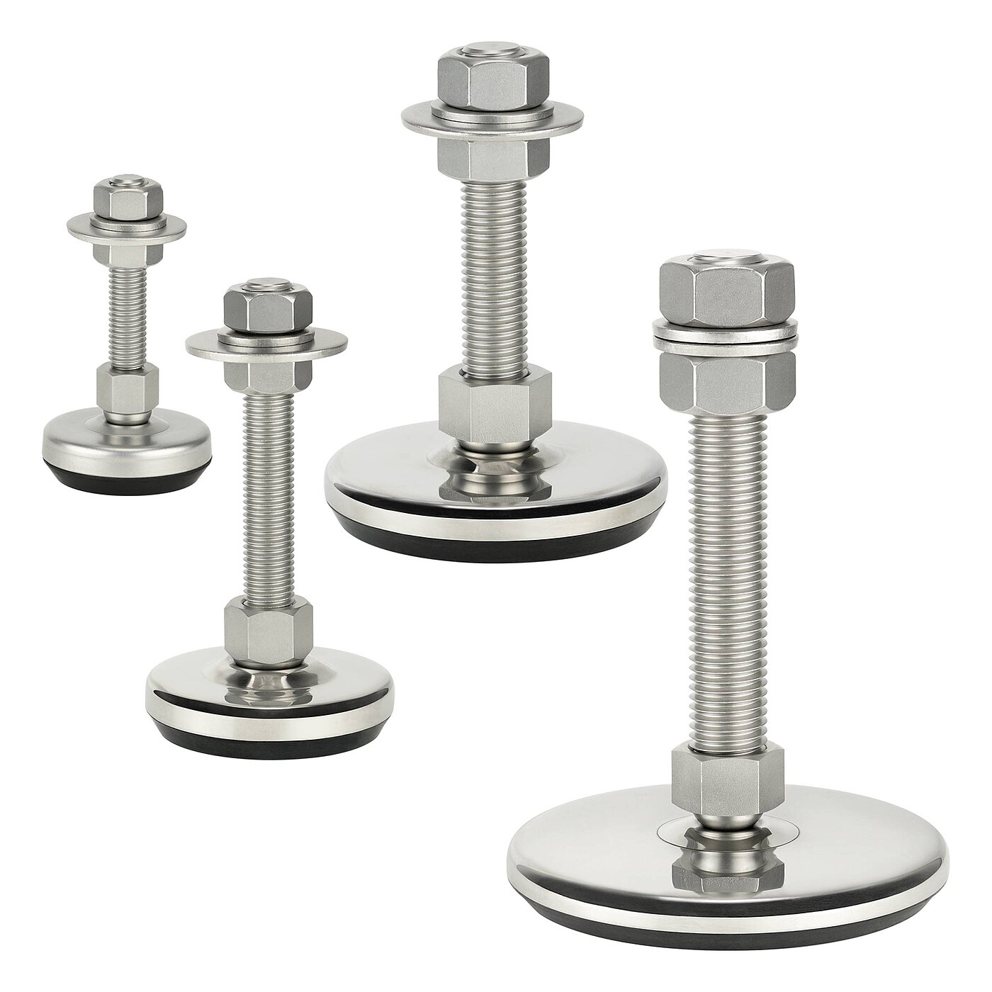 a group picture of four differently sized machine feet made of shiny stainless steel or matte-shiny, sandblasted stainless steel with various diameters at the base, thread in a pendulum-action cap nut atop the base plate and black elastomer NBR underneath the base plate, isolated on white background