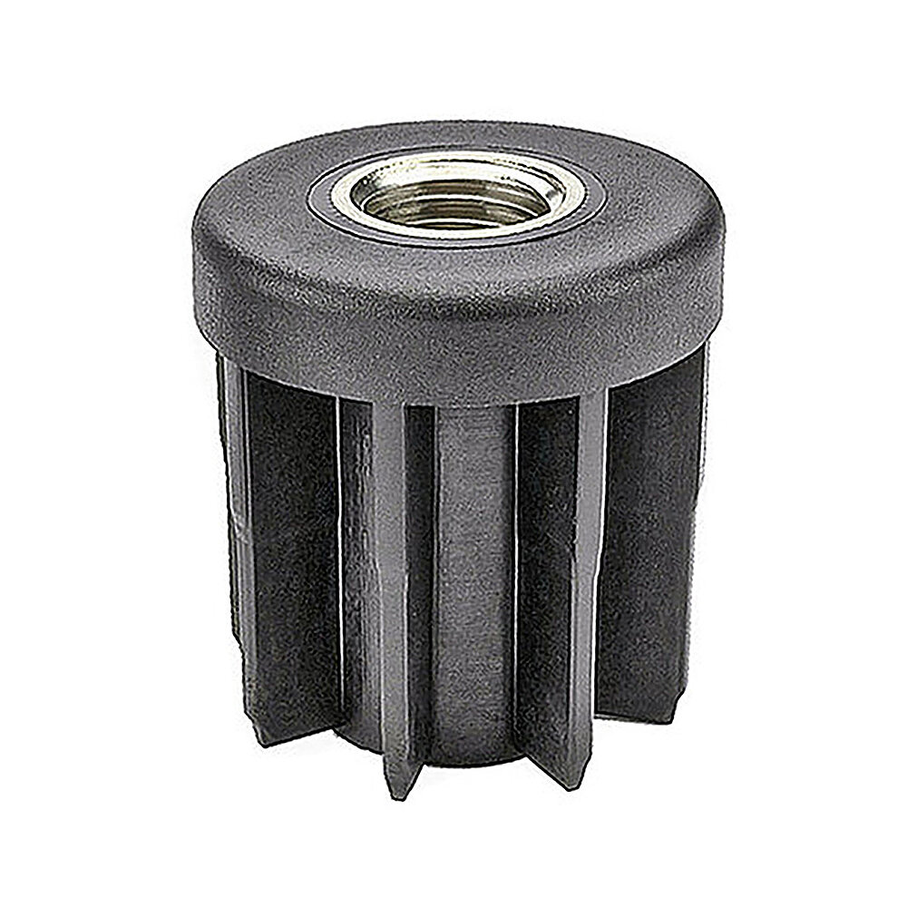 a cylindrical black threaded tube insert made of polyamide, with a centered inner thread of nickel-coated brass, for press-fitting into round tube ends, isolated on white background