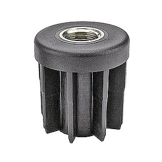 a cylindrical black threaded tube insert made of polyamide, with a centered inner thread of nickel-coated brass, for press-fitting into round tube ends, isolated on white background