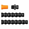 a plastik-made hose bundle of the Aqua-Loc modular coolant hose series in 3/4" system aperture for conducting cutting coolant liquids, consisting of two black hinged hoses, an orange-coloured nozzle and a black threaded nipple, in flat-lay view and isolated on white background