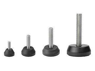 a collection of four round screw-in machine feet made of black thermoplast elastomer or polyamide with different diameters and tightly embedded levelling screws of various lengths and thicknesses in stainless steel in the view from the side and above, isolated on white background