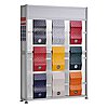 a tall, slim, dismountable product display made of aluminium profiles with nine vertically fastened, differently-coloured TyreGuard® tyre protectors on the front, mounted on stainless steel levelling elements, isolated on white background