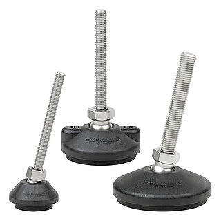 three round, conically upward tapering machine feet made of black polyamide with various diameters, each with a black NBR elastomer at the bottom for non-slip protection, and straight upward facing or right-tilted stainless steel threads of different thicknesses in a pendulum-action hexagonal ball joint, isolated on white background