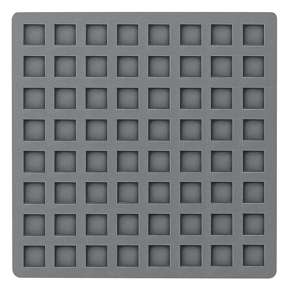 a large light-grey square elastomer form piece in the flat-lay view from below, with small square profile indentions on the bottom surface, isolated on white background
