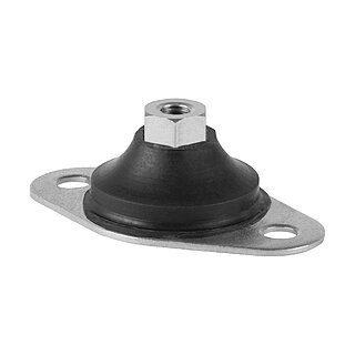 a rubber-metal cap bearing with twice-drilled bottom plate, threaded hexagonal insert at the top and black elastomer corpus in between, isolated on white background