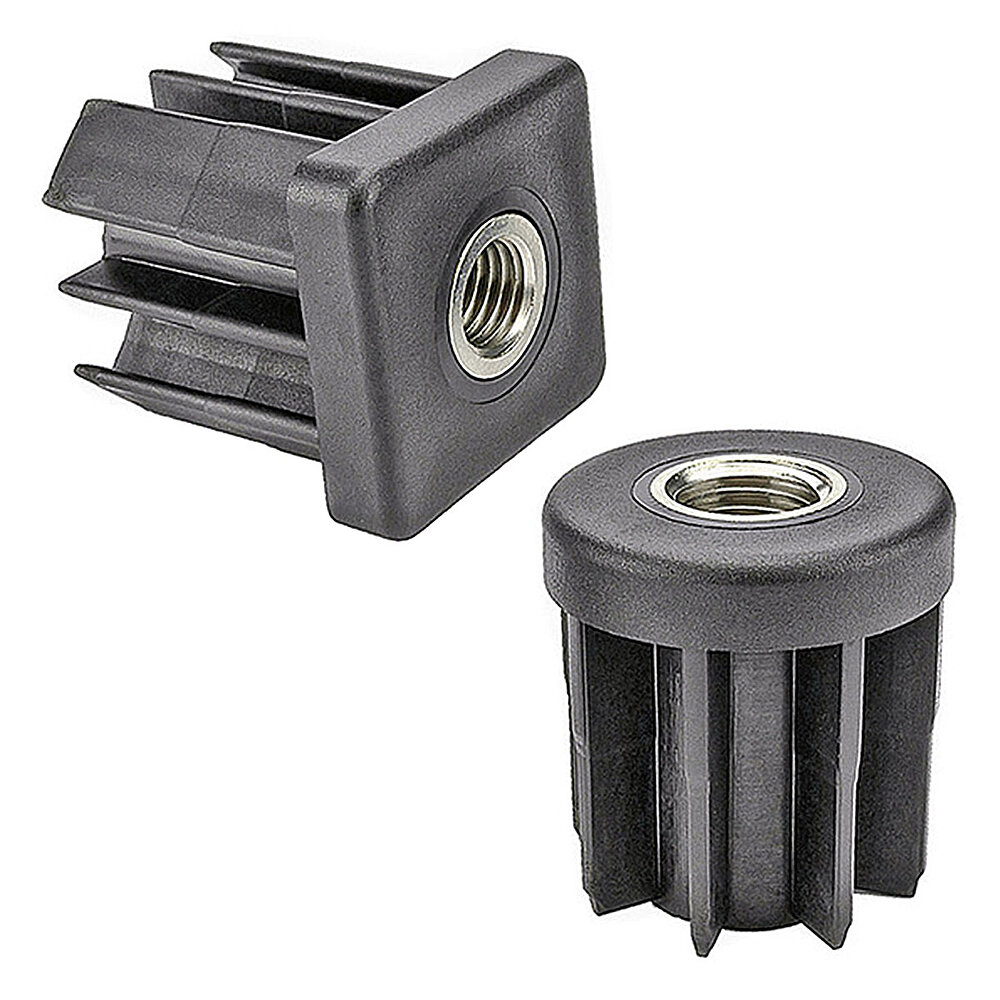 two black threaded tube inserts made of polyamide, one cubic, one cylindrical, each with a centered inner thread of nickel-coated brass, for press-fitting into square or round tube ends, isolated on white background