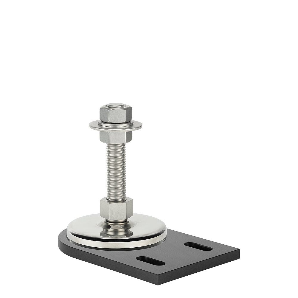 a black floor-fastening plate made of precision-milled composite material, with a shiny stainless steel levelling element fitted in, isolated on white background