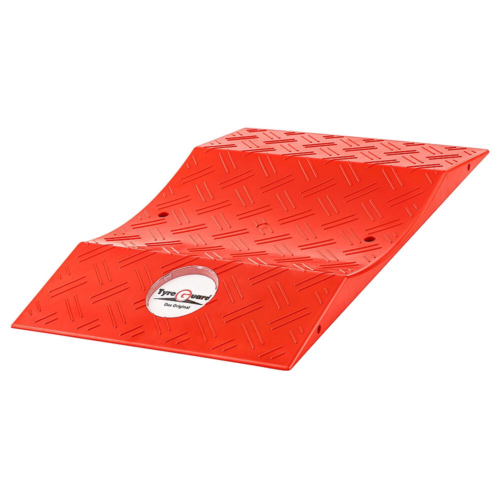 a red tyre protector of the TyreGuard® brand, made of high-strength plastics, in slanted view, isolated on white background