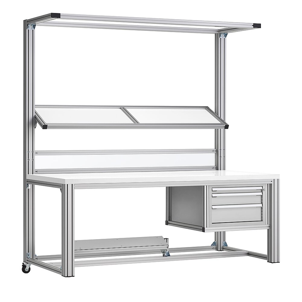 a mobile assembly station made of aluminium profiles on one fastenable & turnable wheel, with white table top, angle-adjustable foot rest, angle-adjustable overhead storage area and built-in drawer compartment with three drawers, isolated on white background