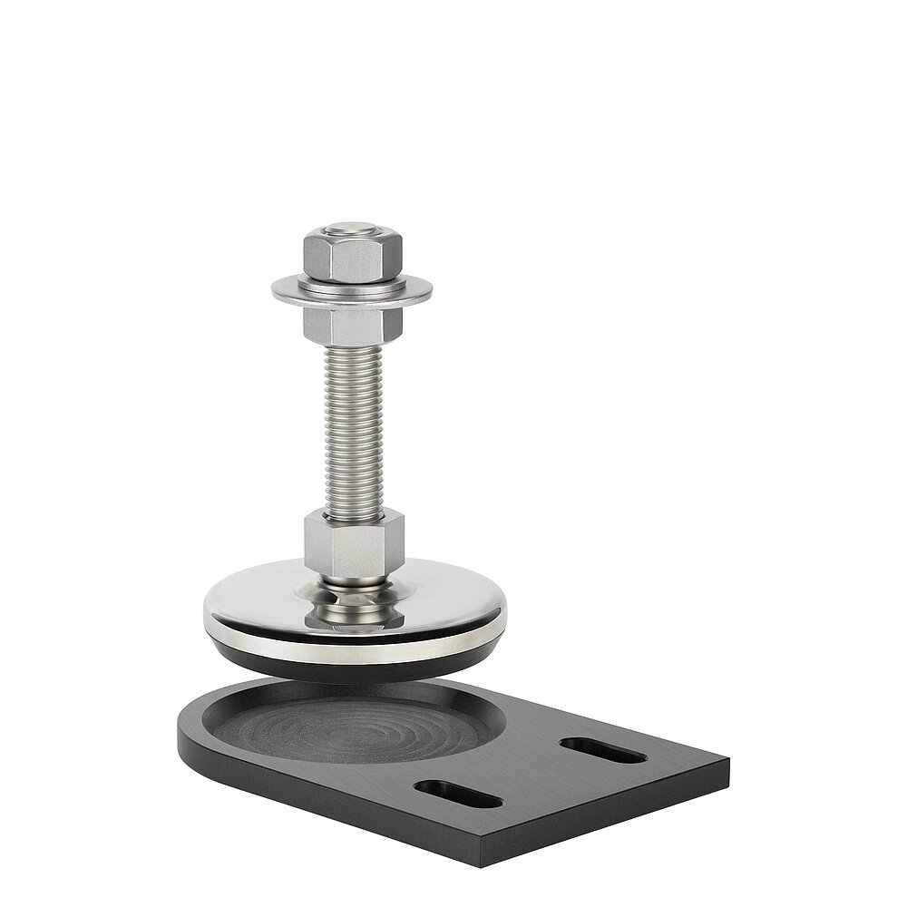 a black floor-fastening plate made of precision-milled composite material, with a shiny stainless steel levelling element levitating above, isolated on white background