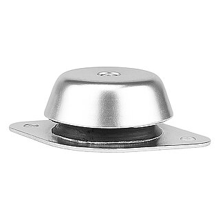 a silver-coloured vibration damper made of metal, featuring a rhombus-shaped base plate with two holes for floor-fastening at the ends, above a bell-shaped metal cap with an inner thread in the top, and in between, a vulcanized black elastomer, isolated on white background