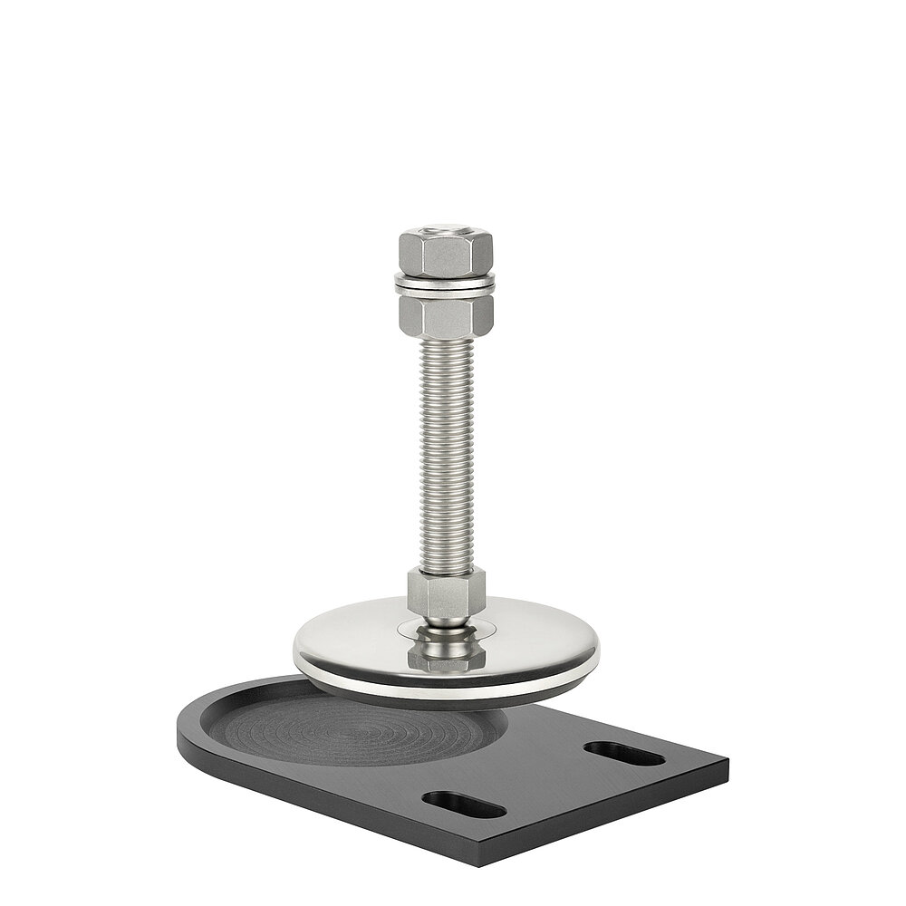 a black floor-fastening plate with elongated holes for ground dovels, made of precision-milled composite material, with a shiny stainless steel levelling element levitating above slighty to the side, isolated on white background
