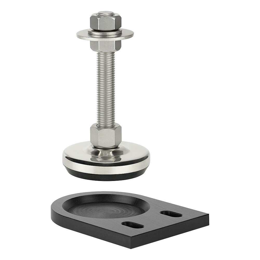 a black floor-fastening plate with elongated holes, made of precision-milled composite material, with a shiny stainless steel levelling element positioned above, isolated on white background