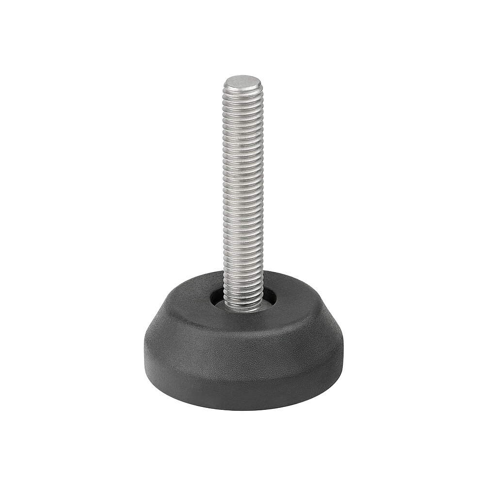 a round screw-in action levelling foot for machinery and appliances, made of black thermoplast elastomer, with a diameter of 50 mm and a tightly plastic-injection-moulded, stainless steel levelling screw M10x57mm, in the view from askew and from above, isolated on white background