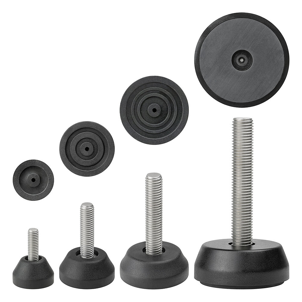 a composition of four round screw-in action levelling feet for machinery and appliances, made of black thermoplast elastomer or polyamide, with various diameters and tightly plastic-injection-moulded, stainless steel levelling screws of various lengths and strengths, in the view from askew and from below with non-slip protection profile or black elastomer pad, isolated on white background