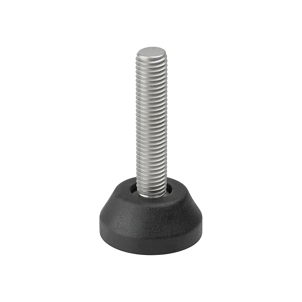 a round screw-in action levelling foot for machinery and appliances, made of black thermoplast elastomer, with a diameter of 40 mm and a tightly plastic-injection-moulded, stainless steel levelling screw M12x57mm, in the view from askew and from above, isolated on white background