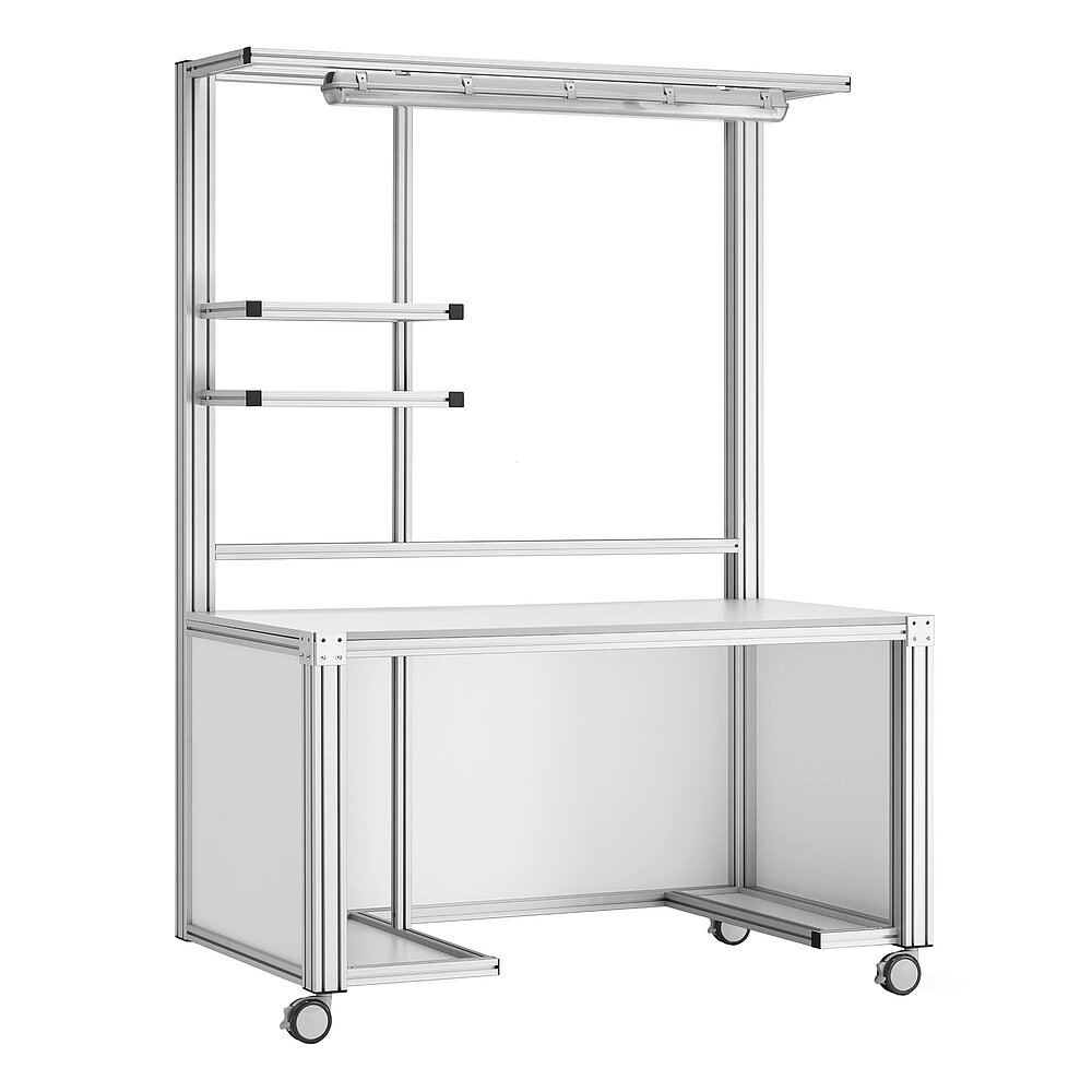 a basic mobile work table made of aluminium profiles on three fastenable & turnable wheels, with provision for workstation pc, provision for printer, storage in the overhead area and LED tube over the work area, isolated on white background