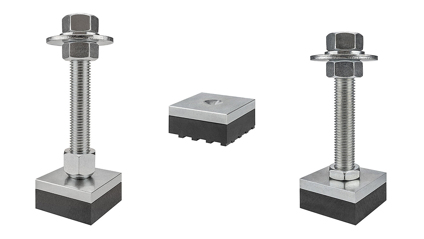 three square machine feet made of zinc-galvanized steel plates with black elastomer NBR at the bottom for vibration dampening, one element with pendulum-action thread on top, one element with a 120 degree counter sinking on top and no thread, and one with a fixed, non-pendulum thread on top, isolated on white background