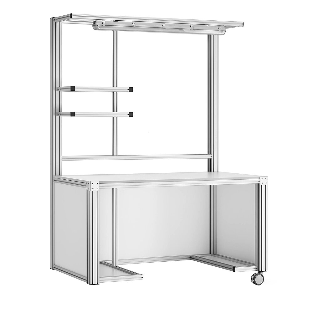 a basic mobile work table made of aluminium profiles on one fastenable & turnable wheel, with provision for workstation pc, provision for printer, storage in the overhead area and LED tube over the work area, isolated on white background
