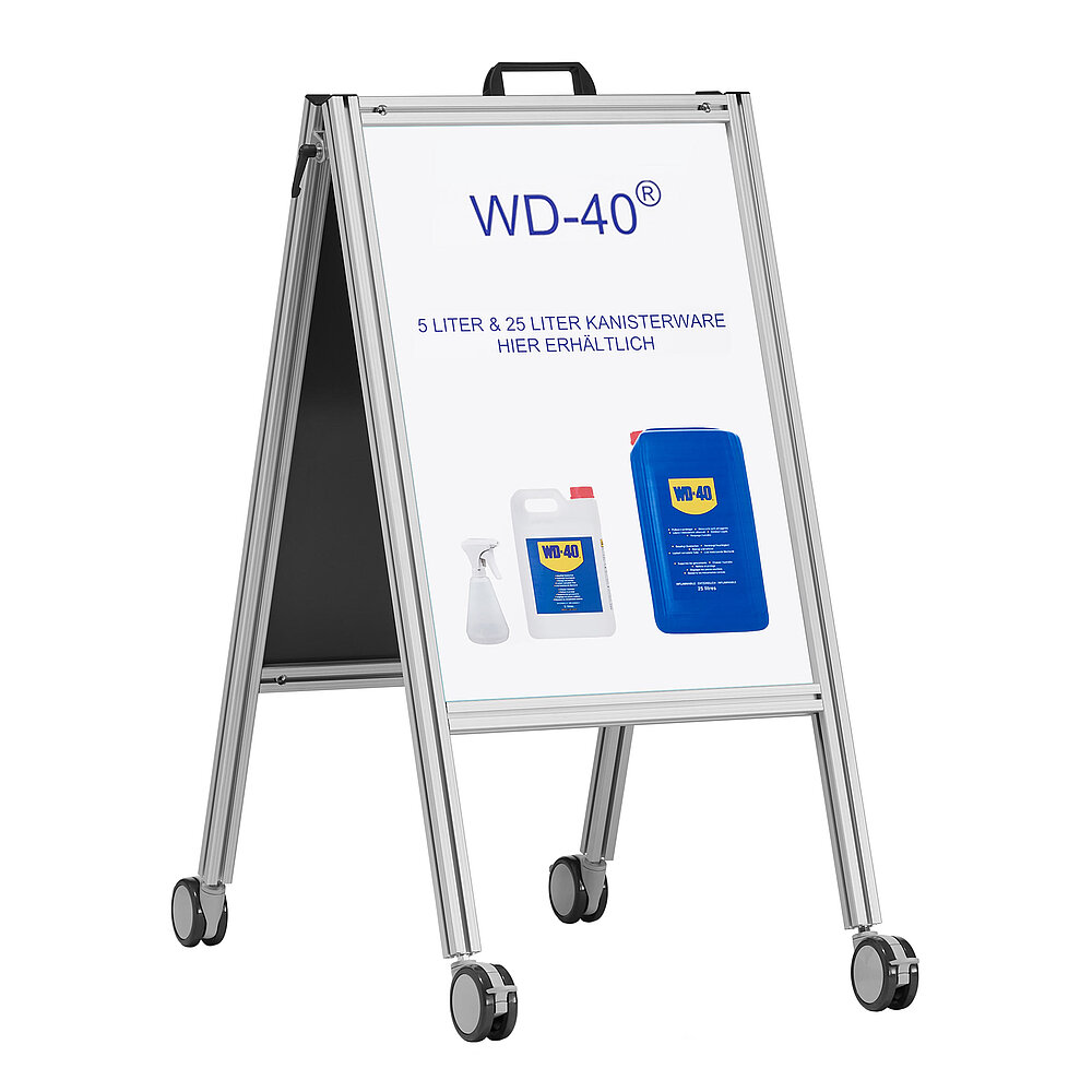 a mobile flip-open style pavement signage made of aluminium profiles, on four large fastenable & turnable wheels, with inlaid DIN A 2 print-out with depictions of WD-40® canisters and WD-40® inscriptions, isolated on white background