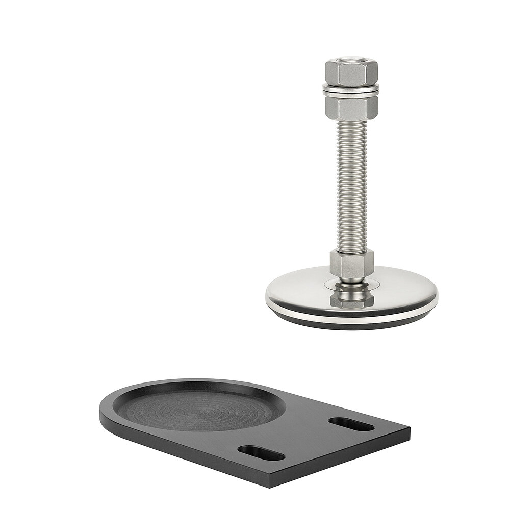 a black floor-fastening plate with elongated holes for ground dovels, made of precision-milled composite material, with a shiny stainless steel levelling element levitating above a bit to the right side, isolated on white background