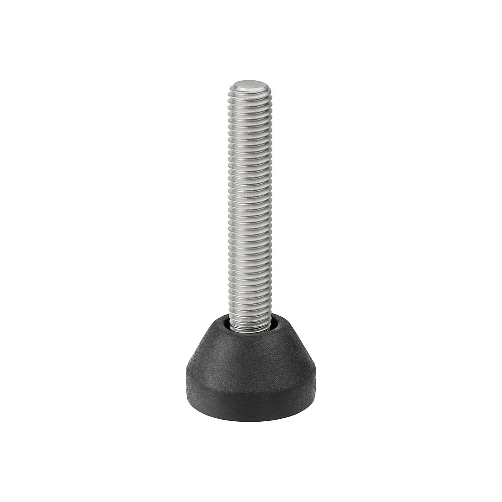 a round screw-in action levelling foot for machinery and appliances, made of black thermoplast elastomer, with a diameter of 30 mm and a tightly plastic-injection-moulded, stainless steel levelling screw M10x57mm, in the view from askew and from above, isolated on white background