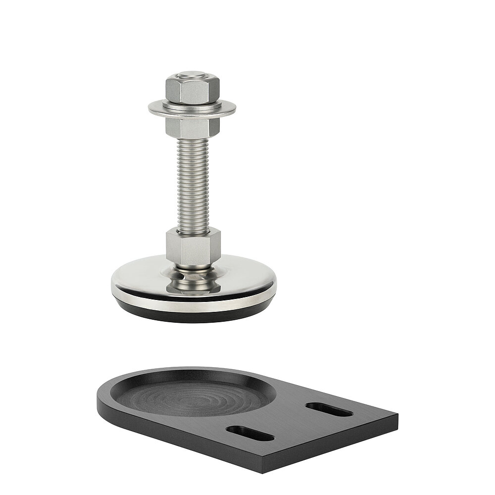 a black floor-fastening plate with elongated holes, made of precision-milled composite material, with a shiny stainless steel levelling element levitating above, isolated on white background