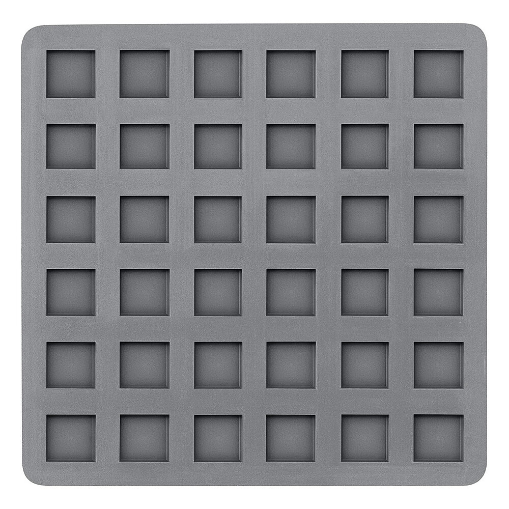 a medium-sized light-grey square elastomer form piece in the flat-lay view from below, with 36 small square profile indentions on the bottom surface, isolated on white background