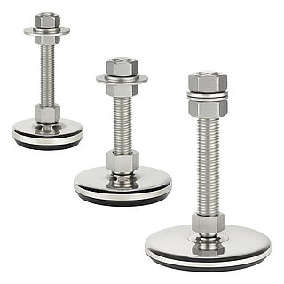 a group picture of three machine feet made of matte-shiny stainless steel with various diameters at the base, various thread sizes in a pendulum-action cap nut atop the base plate and black elastomer NBR underneath the base plate, isolated on white background