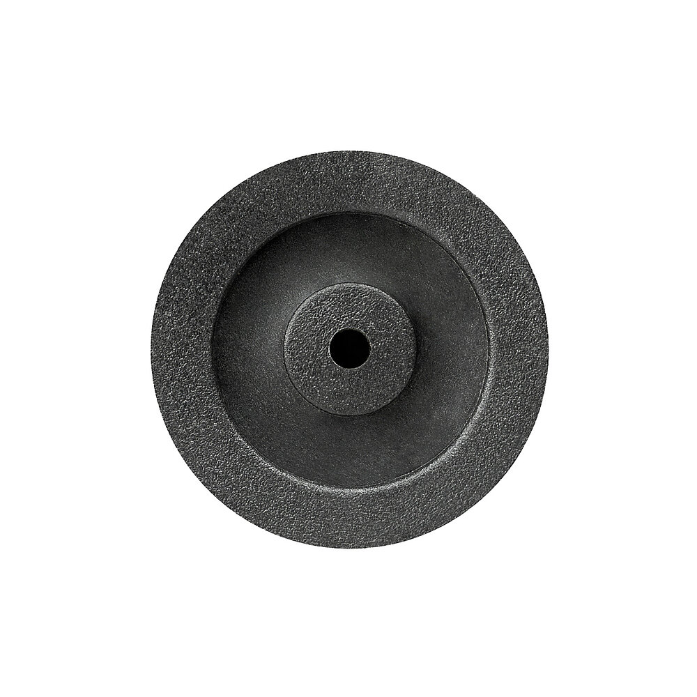 bottom view of a round screw-in action levelling foot for machinery and appliances, made of black thermoplast elastomer, with 30 mm diameter and two concentric profiled rings for non-slip protection, isolated on white background