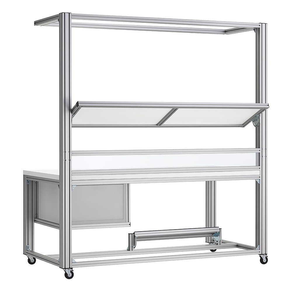rear view of a mobile assembly station made of aluminium profiles on fastenable & turnable wheels, with white table top, angle-adjustable foot rest, angle-adjustable overhead storage area and built-in drawer compartment with three drawers, isolated on white background