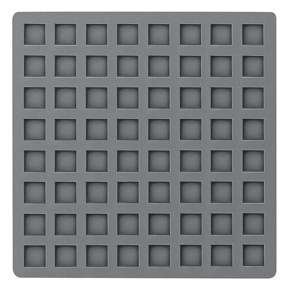 a large light-grey square elastomer form piece in the flat-lay view from below, with 64 small square profile indentions on the bottom surface, isolated on white background