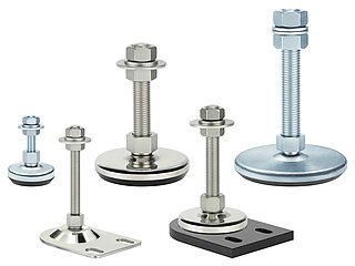 a group picture of five machine feet of different sizes, made of shining stainless steel or blueish shimmering zinc-galvanized steel, with various diameters and pendulum-action threads of various lengths, isolated on white background