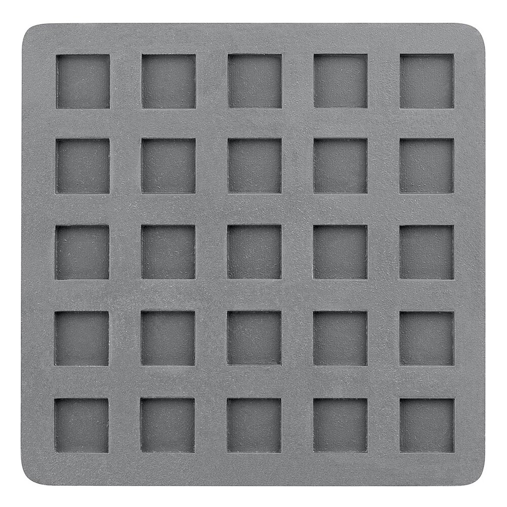 a small light-grey square elastomer form piece in the flat-lay view from below, with 25 small square profile indentions on the bottom surface, isolated on white background