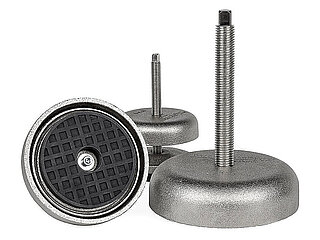 rectangular group picture of three different-sized, round machine feet made of silvery shining, galvanized cast iron in bell shape, each with levelling screw with a top square shaft, one element in view from below with black elastomer NBR for vibration dampening and non-slip protection, isolated on white background