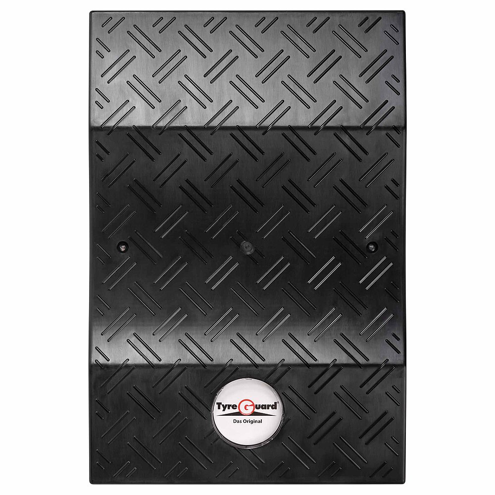 a black tyre protector of the TyreGuard® brand, made of high-strength plastics, in upright view, isolated on white background