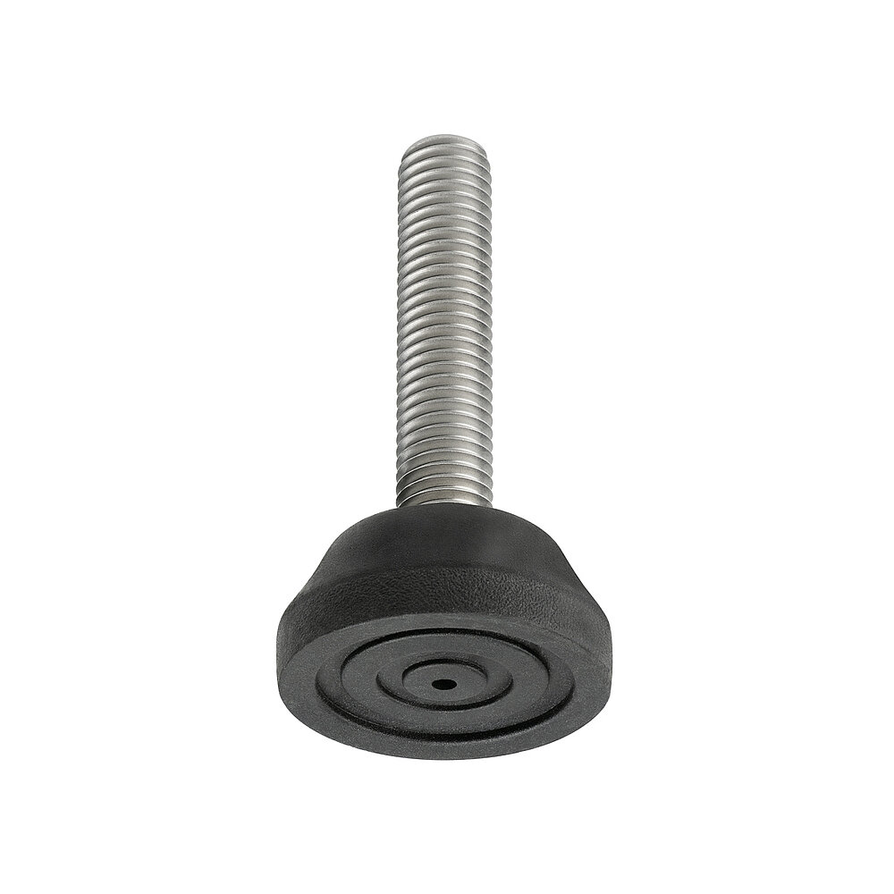 a round screw-in action levelling foot for machinery and appliances, made of black thermoplast elastomer, with a diameter of 40 mm and a tightly plastic-injection-moulded, stainless steel levelling screw M12x57mm, in the view from askew and from below, revealing three concentric profiled rings for non-slip protection at the bottom, isolated on white background