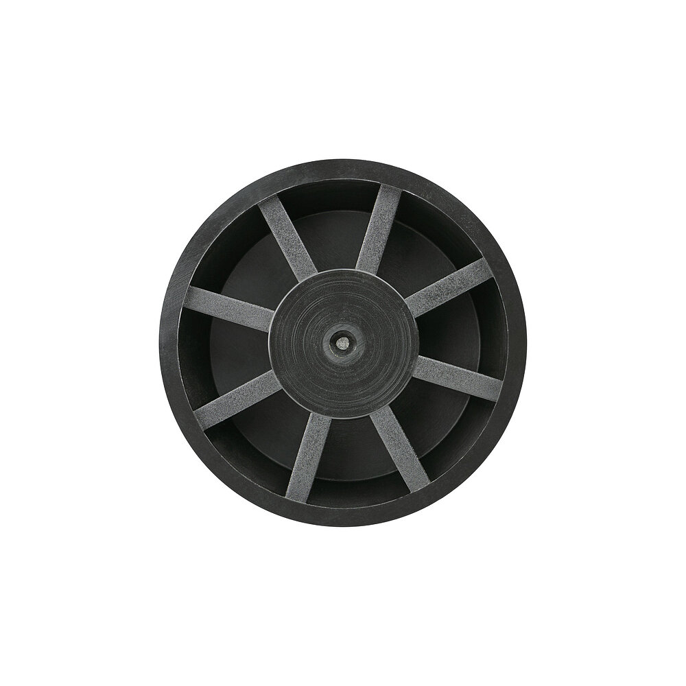 bottom view of a round screw-in action levelling foot for machinery and appliances, made of black polyamide, with 70 mm diameter and eight crossbars radiating outwards from the center, isolated on white background