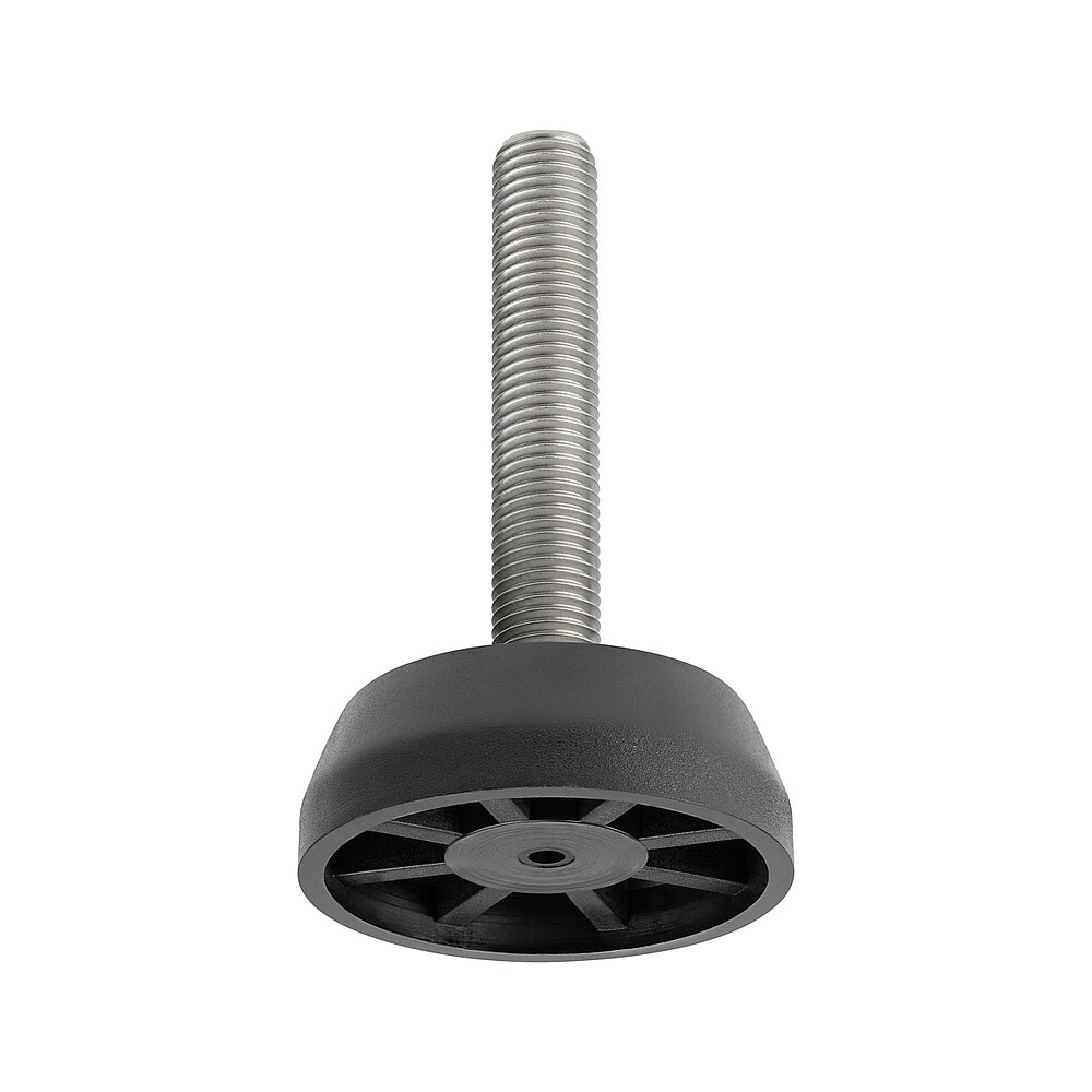 a round screw-in action levelling foot for machinery and appliances, made of black polyamide, with a diameter of 70 mm and a tightly plastic-injection-moulded, stainless steel levelling screw M16x92mm, in the view from askew and from below, revealing eight crossbars radiating outwards from the center at the bottom, isolated on white background
