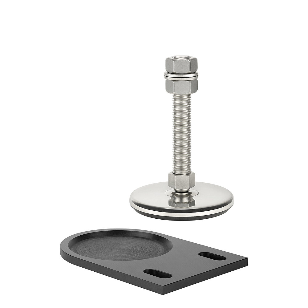 a black floor-fastening plate with elongated holes for ground dovels, made of precision-milled composite material, with a shiny stainless steel levelling element levitating above a bit to the side, isolated on white background