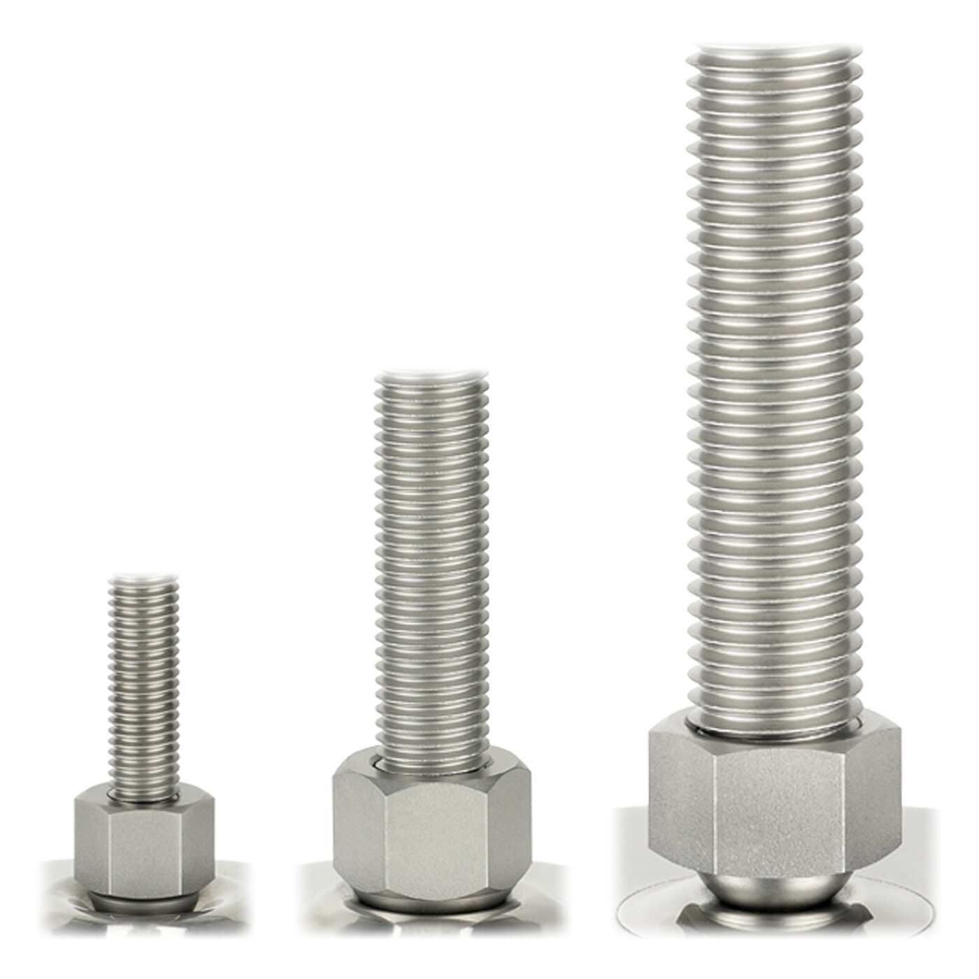 detailed view of three hexagonal cap nuts made of matte-shiny stainless steel, with different thread thicknesses and different thread lengths, as part of bwz Schwingungstechnik® levelling elements, isolated on white background