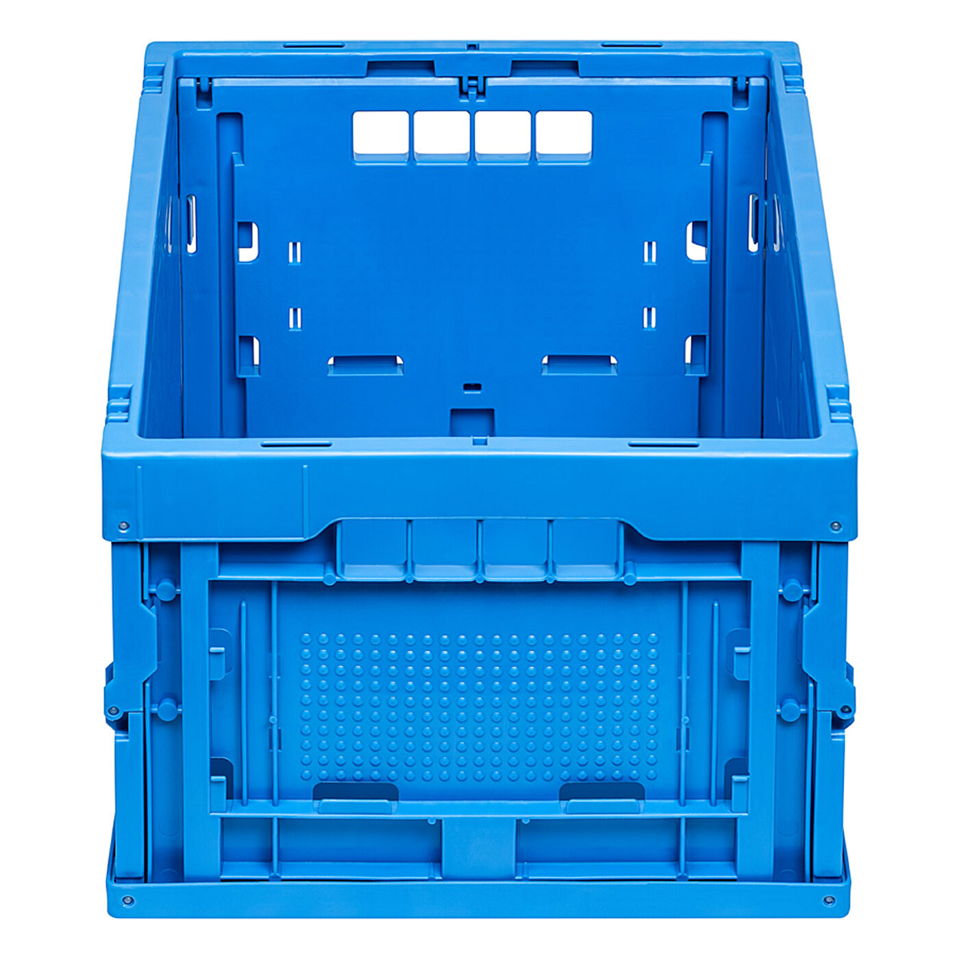a blue foldable box made of plastics, in face side view, isolated on white background

