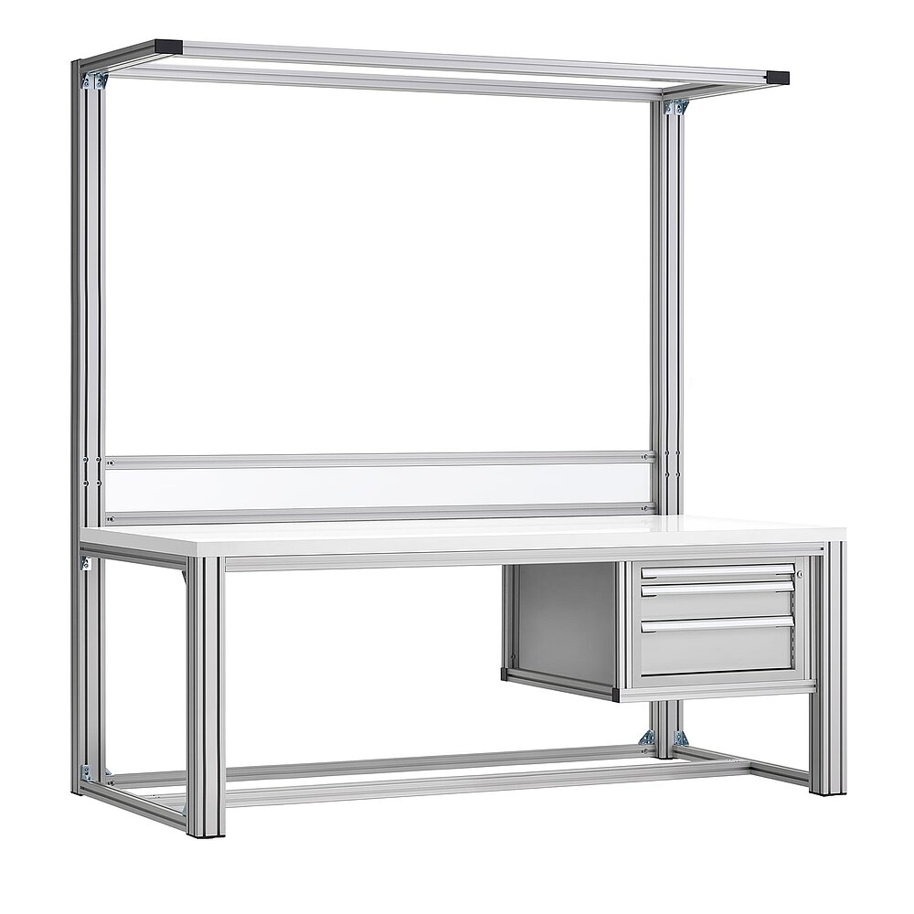 an assembly station made of aluminium profiles without wheels, with white table top and built-in drawer compartment with three drawers, isolated on white background