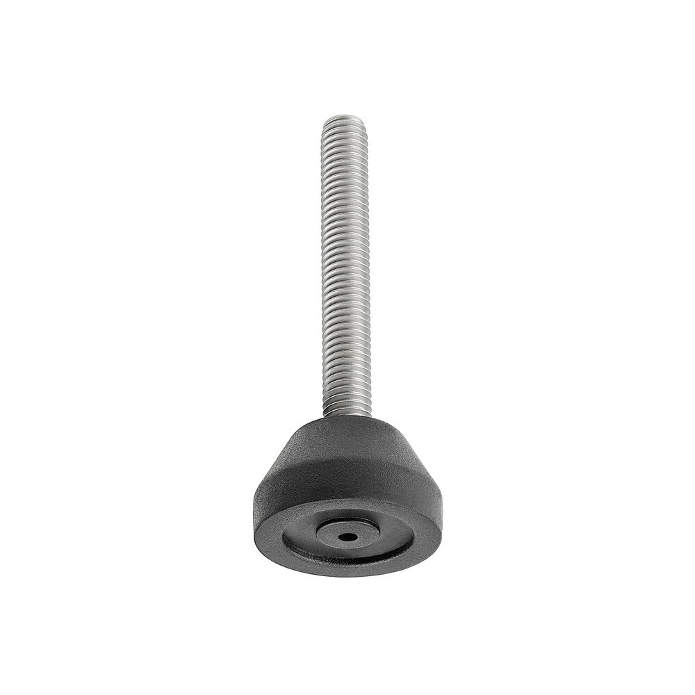 a round screw-in action levelling foot for machinery and appliances, made of black thermoplast elastomer, with a diameter of 30 mm and a tightly plastic-injection-moulded, stainless steel levelling screw M8x57mm, in the view from askew and from below, revealing two concentric profiled rings for non-slip protection at the bottom, isolated on white background